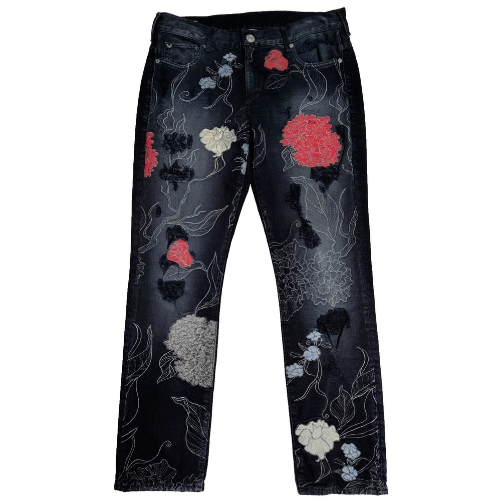 TRUE RELIGION AUDREY FLORAL EMBROIDERED Women Size 28 Slim Boyfriend Black Jeans